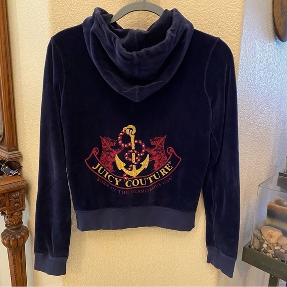 Vintage JUICY COUTURE Navy Velour Graphic Rhinestone Hoodie Jacket Size Medium - Picture 1 of 10
